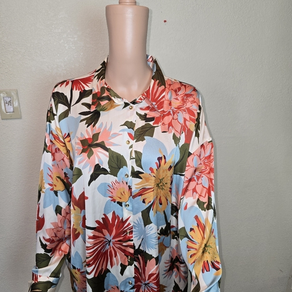 ZARA Satin Floral Printed Button-Down Shirt Long Sleeve Multicolored women’s Xl - Picture 5 of 11